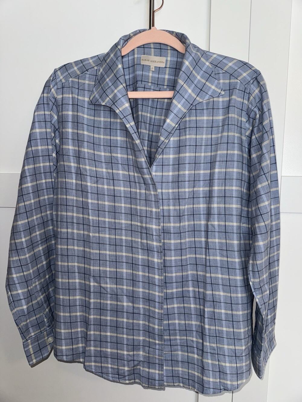 Sarah Alexandra Cashmere Cotton Hidden Button Front Shirt Chambray Blue Check 12